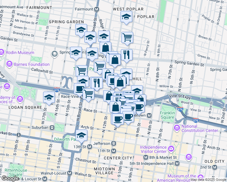 map of restaurants, bars, coffee shops, grocery stores, and more near 1126 Callowhill Street in Philadelphia