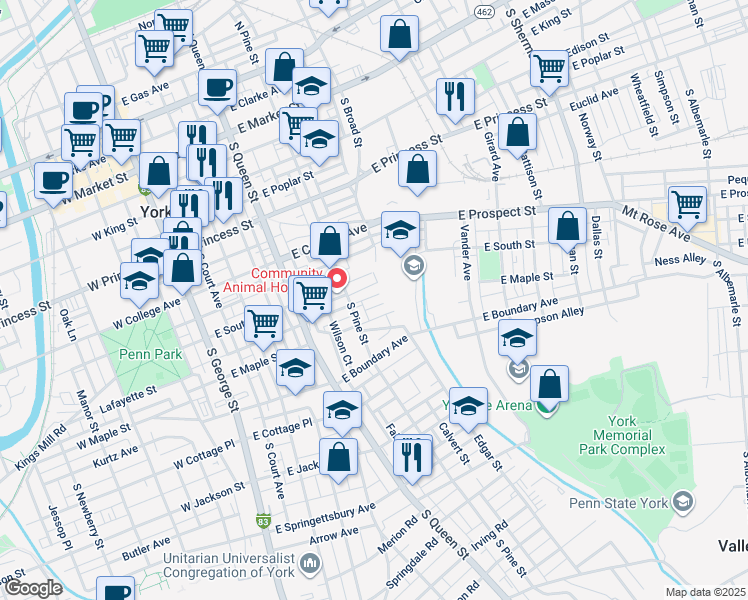 map of restaurants, bars, coffee shops, grocery stores, and more near 324 Harding Court in York