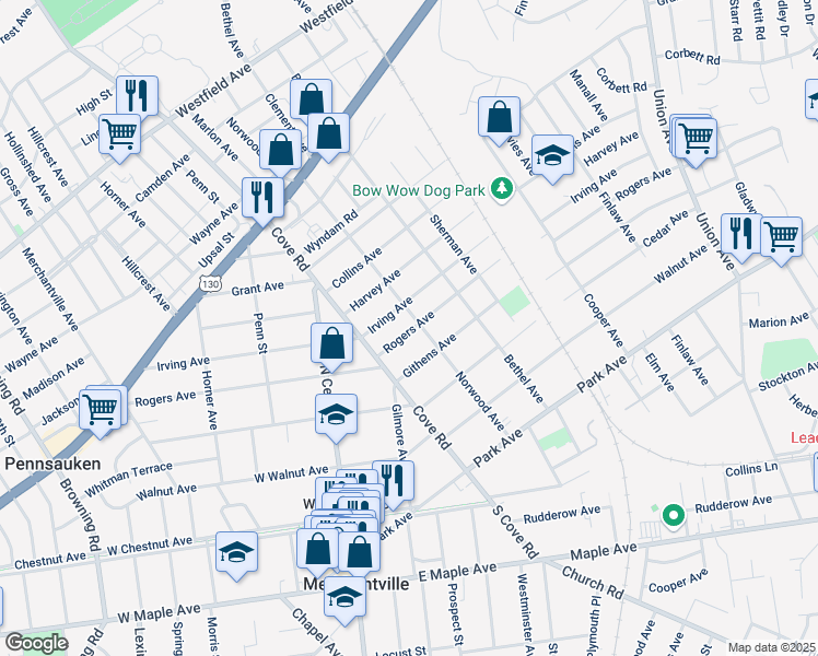 map of restaurants, bars, coffee shops, grocery stores, and more near 2923 Norwood Avenue in Pennsauken Township
