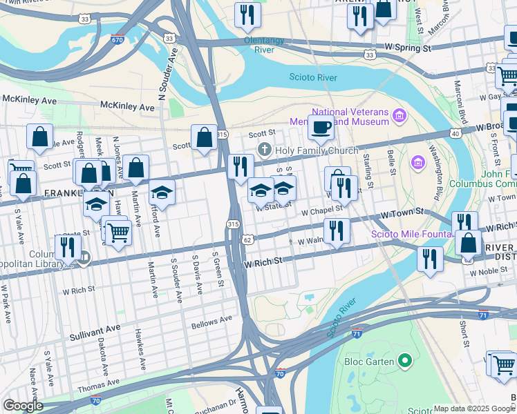 map of restaurants, bars, coffee shops, grocery stores, and more near 75 South Grubb Street in Columbus