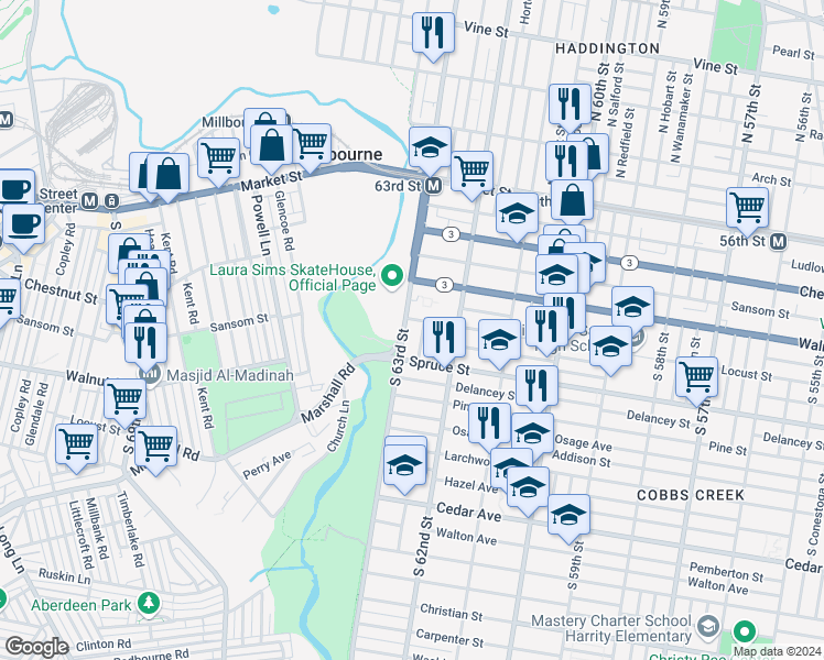 map of restaurants, bars, coffee shops, grocery stores, and more near 255 South 63rd Street in Philadelphia