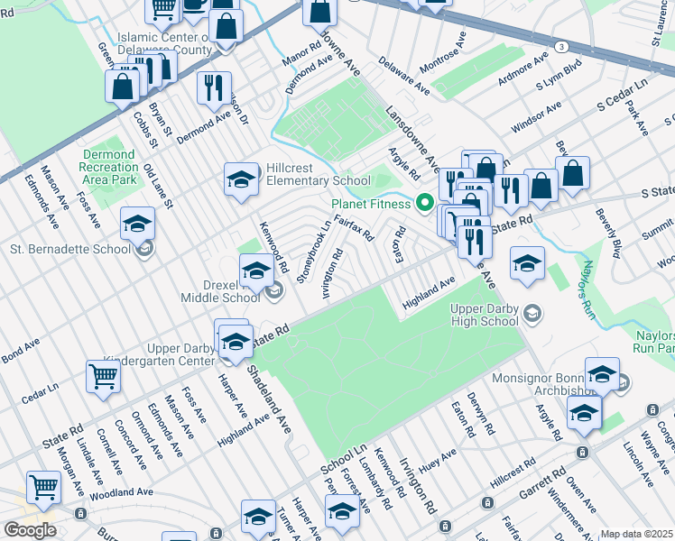 map of restaurants, bars, coffee shops, grocery stores, and more near 837 Hampshire Road in Drexel Hill