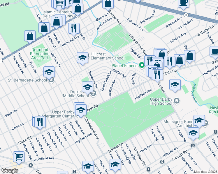 map of restaurants, bars, coffee shops, grocery stores, and more near 2565 Stoneybrook Lane in Drexel Hill