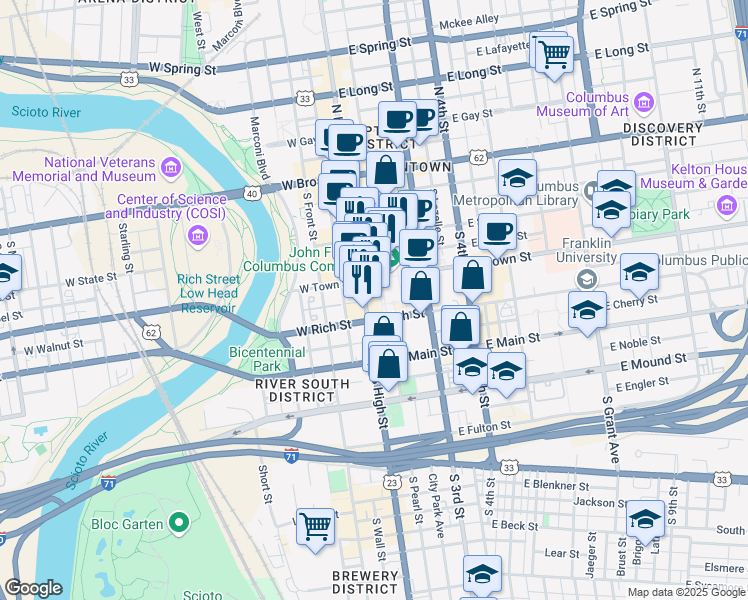 map of restaurants, bars, coffee shops, grocery stores, and more near 166 South High Street in Columbus