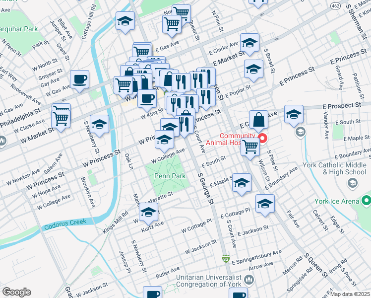 map of restaurants, bars, coffee shops, grocery stores, and more near 10 West College Avenue in York