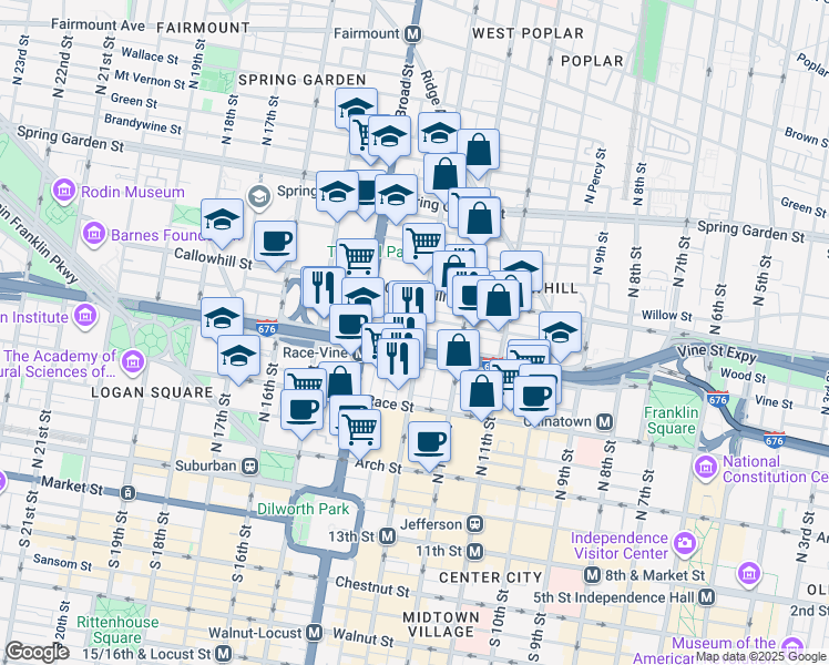 map of restaurants, bars, coffee shops, grocery stores, and more near 302 North 13th Street in Philadelphia