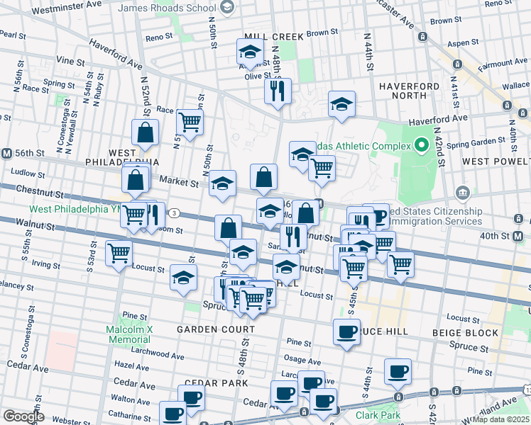 map of restaurants, bars, coffee shops, grocery stores, and more near 414 South 48th Street in Philadelphia