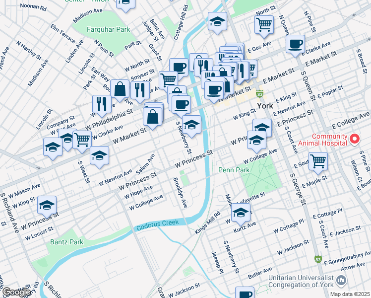 map of restaurants, bars, coffee shops, grocery stores, and more near 116 South Newberry Street in York