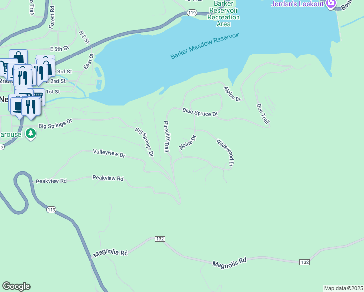 map of restaurants, bars, coffee shops, grocery stores, and more near 57 Alpine Drive in Nederland