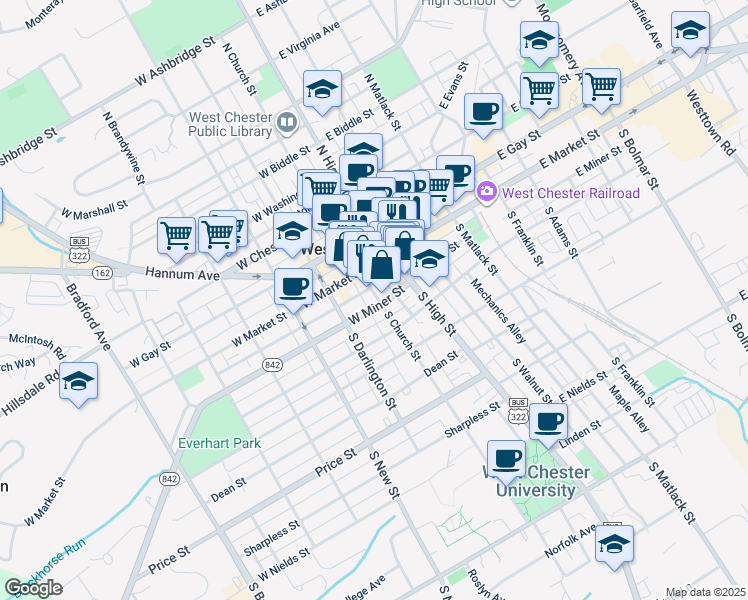 map of restaurants, bars, coffee shops, grocery stores, and more near 27 West Miner Street in West Chester