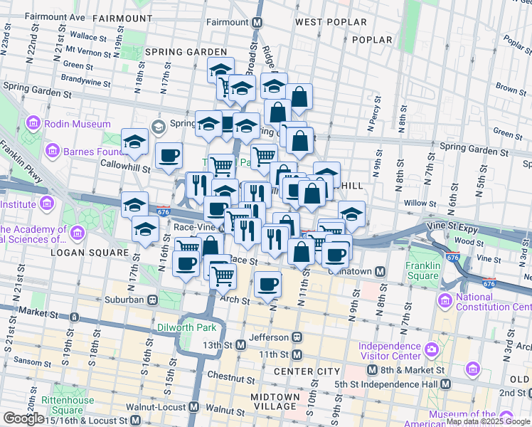 map of restaurants, bars, coffee shops, grocery stores, and more near 1300 Wood Street in Philadelphia
