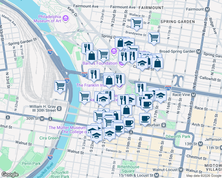 map of restaurants, bars, coffee shops, grocery stores, and more near 240 North 21st Street in Philadelphia