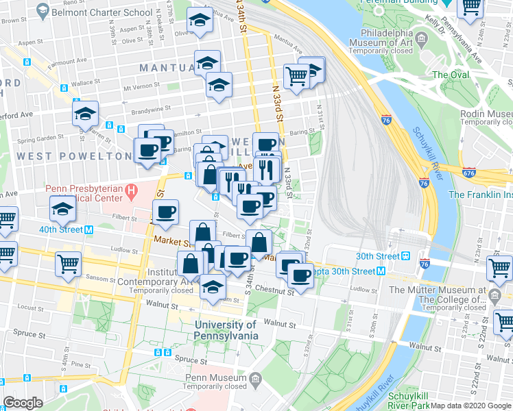 map of restaurants, bars, coffee shops, grocery stores, and more near 3416 Race Street in Philadelphia