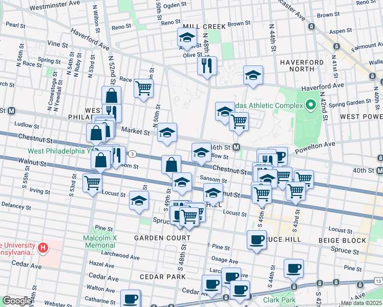 map of restaurants, bars, coffee shops, grocery stores, and more near 29 South Fallon Street in Philadelphia