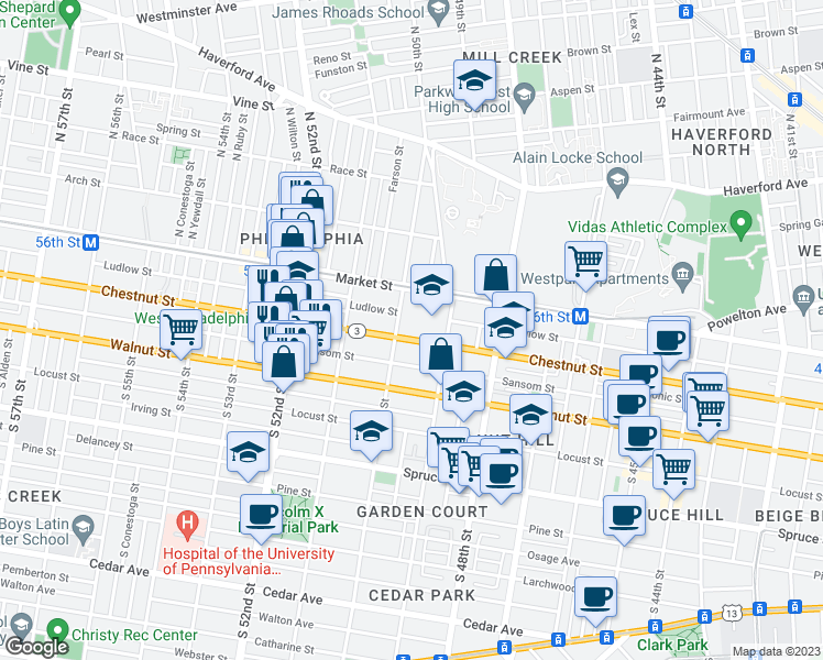map of restaurants, bars, coffee shops, grocery stores, and more near 31 South 50th Street in Philadelphia