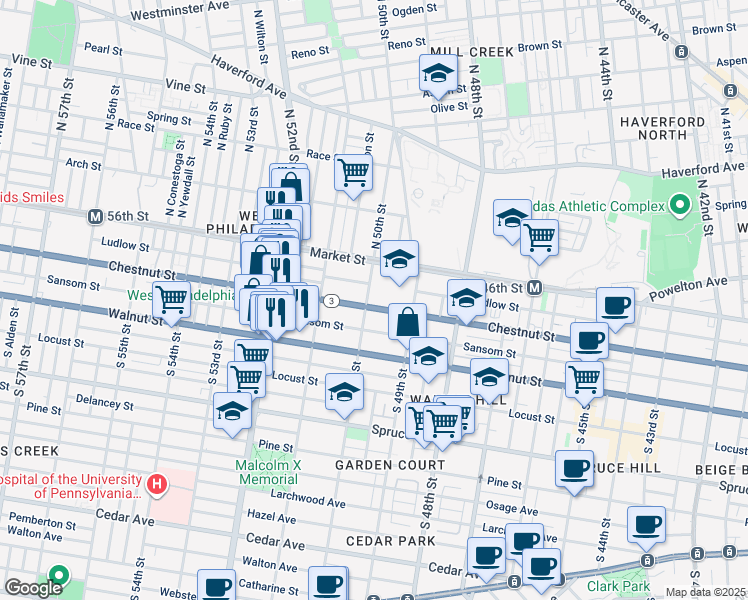 map of restaurants, bars, coffee shops, grocery stores, and more near 31 South 50th Street in Philadelphia