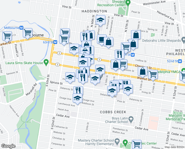 map of restaurants, bars, coffee shops, grocery stores, and more near 5914 Walnut Street in Philadelphia
