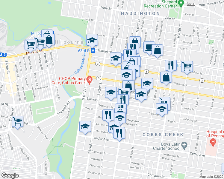 map of restaurants, bars, coffee shops, grocery stores, and more near 6132 Chancellor Street in Philadelphia