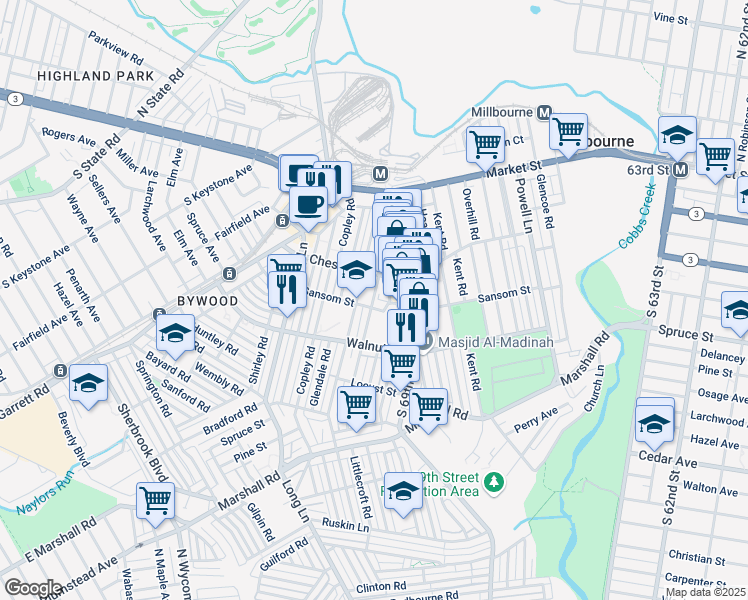 map of restaurants, bars, coffee shops, grocery stores, and more near in Delaware County