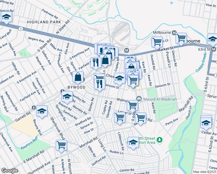 map of restaurants, bars, coffee shops, grocery stores, and more near 127 Ashby Road in Delaware County
