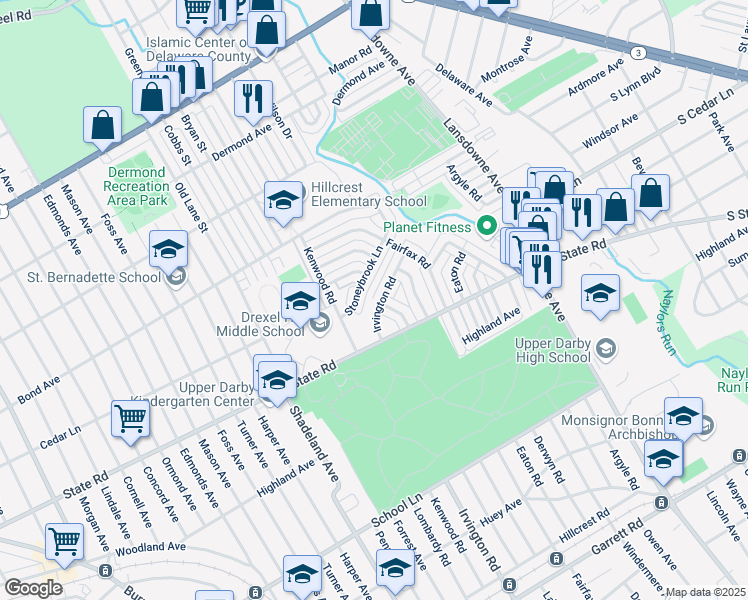 map of restaurants, bars, coffee shops, grocery stores, and more near 2565 Stoneybrook Lane in Drexel Hill