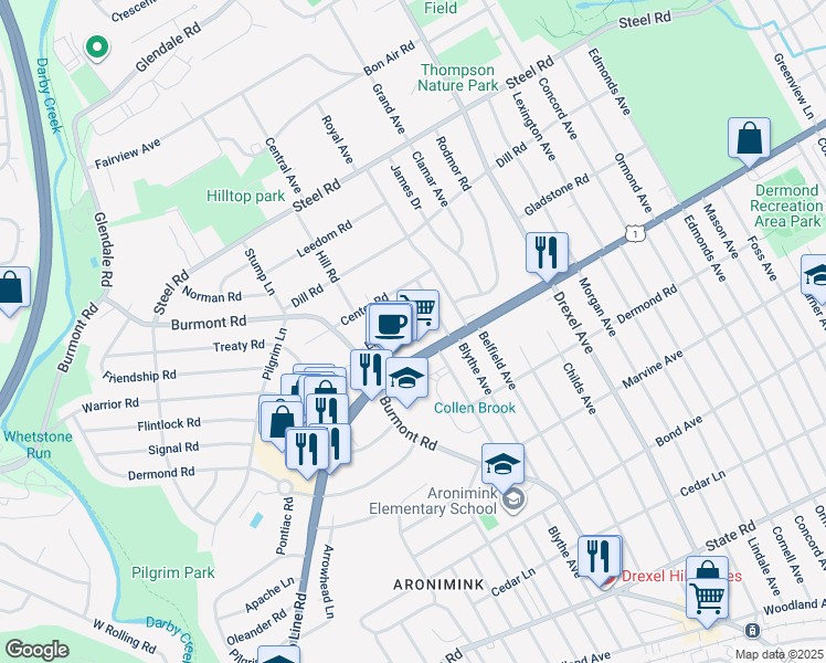 map of restaurants, bars, coffee shops, grocery stores, and more near 1213 Ellston Road in Havertown