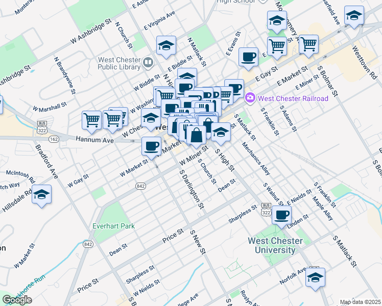 map of restaurants, bars, coffee shops, grocery stores, and more near 27 West Miner Street in West Chester