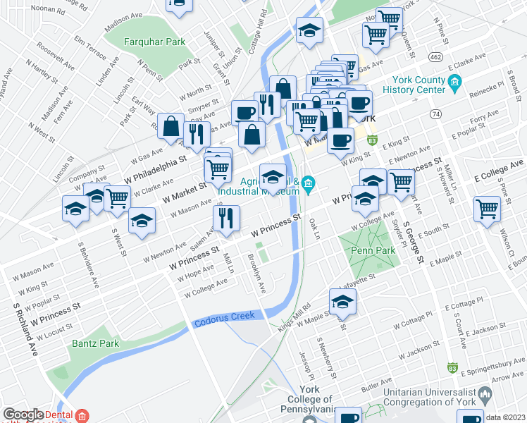 map of restaurants, bars, coffee shops, grocery stores, and more near 116 South Newberry Street in York