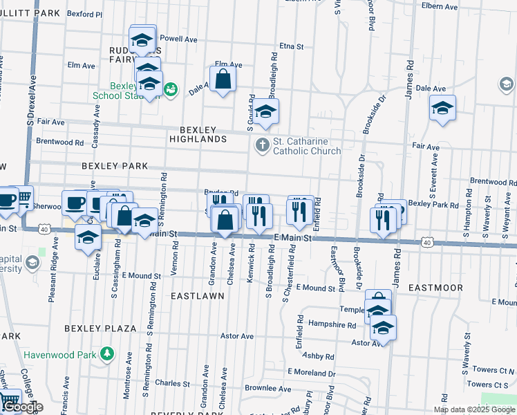 map of restaurants, bars, coffee shops, grocery stores, and more near 2839 Bryden Road in Columbus