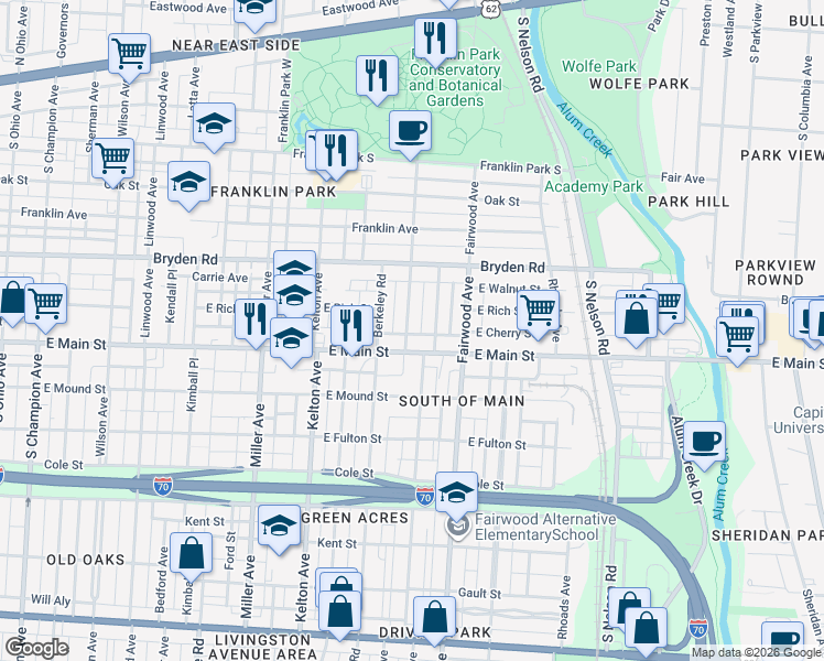 map of restaurants, bars, coffee shops, grocery stores, and more near 418 Morrison Avenue in Columbus