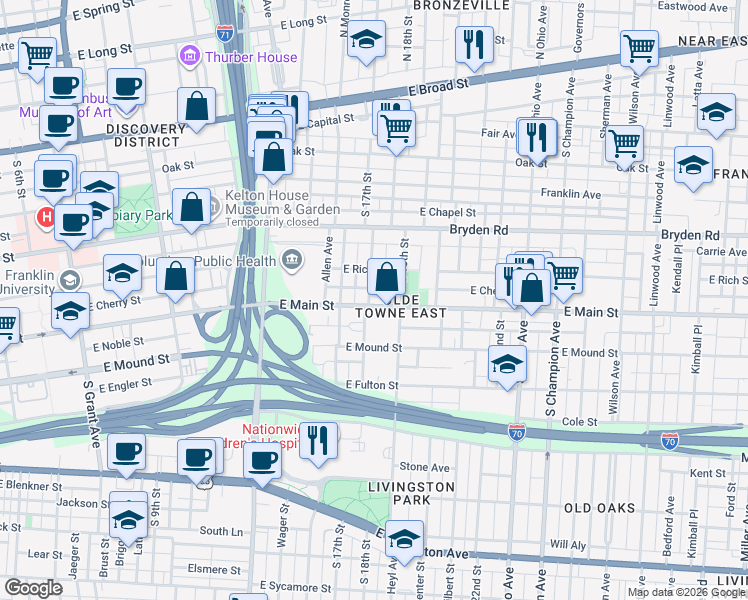 map of restaurants, bars, coffee shops, grocery stores, and more near 833 East Cherry Street in Columbus