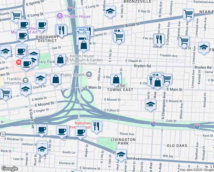map of restaurants, bars, coffee shops, grocery stores, and more near 292 South Monroe Avenue in Columbus