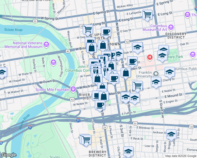 map of restaurants, bars, coffee shops, grocery stores, and more near 166 South High Street in Columbus