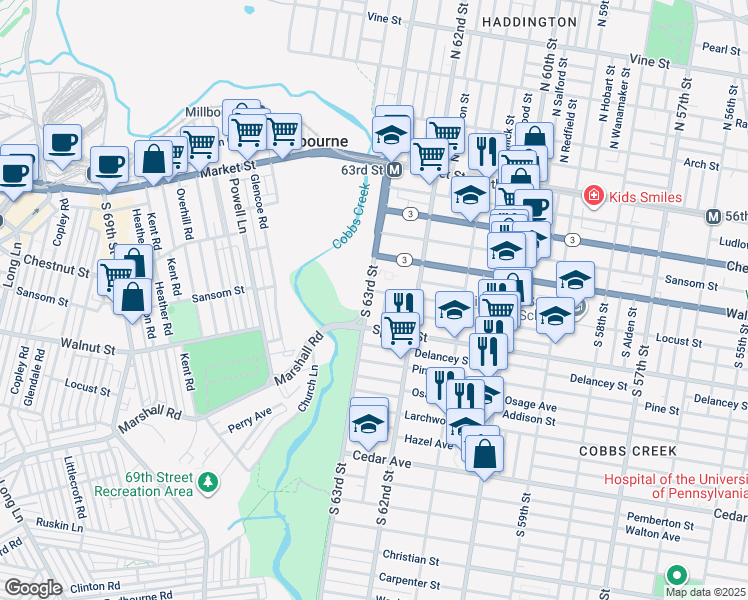 map of restaurants, bars, coffee shops, grocery stores, and more near 255 South 63rd Street in Philadelphia