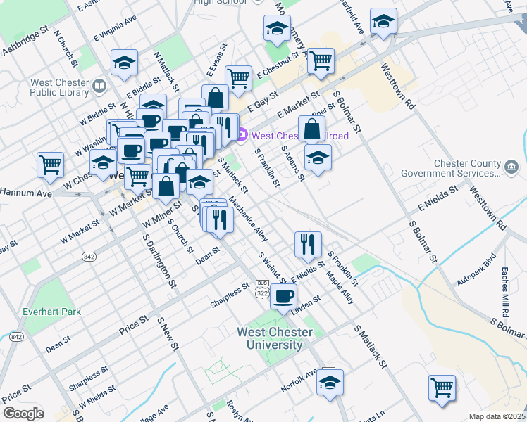 map of restaurants, bars, coffee shops, grocery stores, and more near 317 South Matlack Street in West Chester