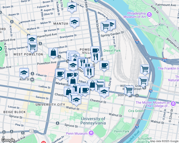 map of restaurants, bars, coffee shops, grocery stores, and more near 104 North Shedwick Street in Philadelphia