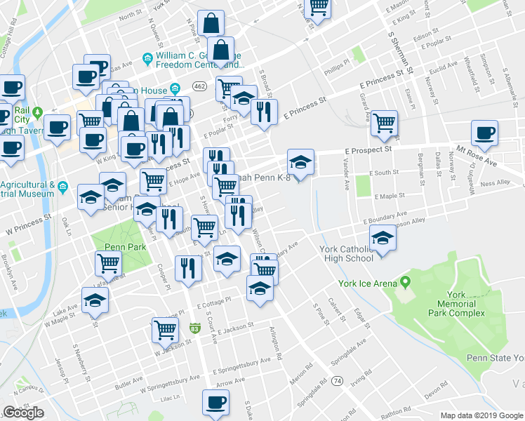 map of restaurants, bars, coffee shops, grocery stores, and more near 259 Harding Court in York