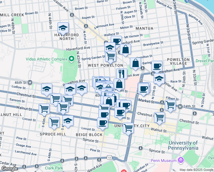 map of restaurants, bars, coffee shops, grocery stores, and more near 35 Wiota Street in Philadelphia
