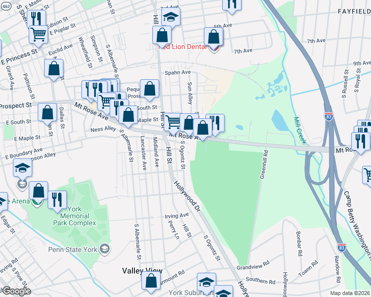 map of restaurants, bars, coffee shops, grocery stores, and more near 626 South Ogontz Street in York