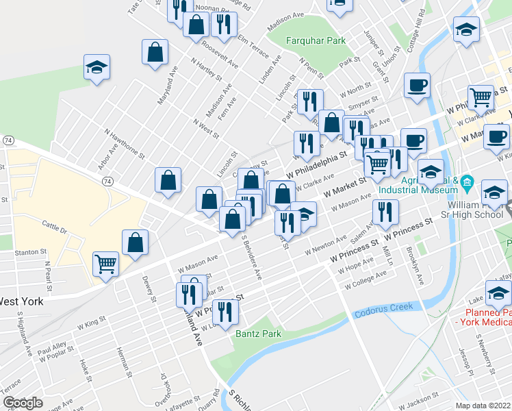 map of restaurants, bars, coffee shops, grocery stores, and more near 610 West Philadelphia Street in York