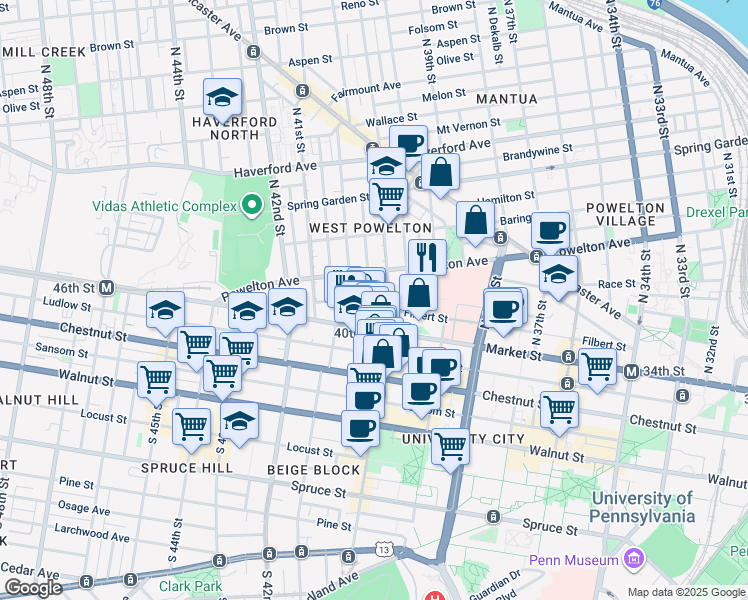 map of restaurants, bars, coffee shops, grocery stores, and more near 35 Wiota Street in Philadelphia