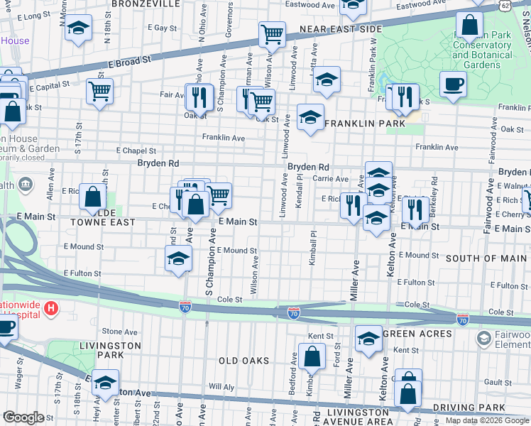 map of restaurants, bars, coffee shops, grocery stores, and more near 362 Wilson Avenue in Columbus