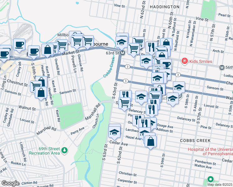 map of restaurants, bars, coffee shops, grocery stores, and more near 253 South 63rd Street in Philadelphia