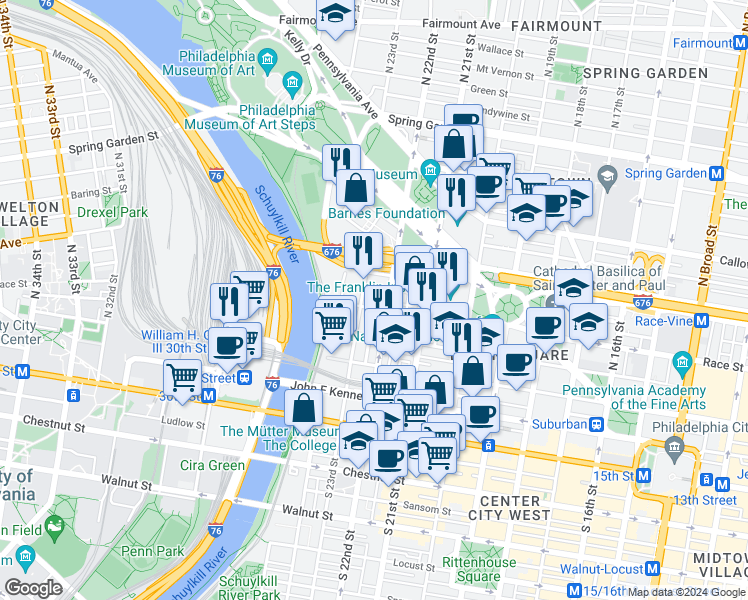 map of restaurants, bars, coffee shops, grocery stores, and more near 2213-25 Race Street in Philadelphia