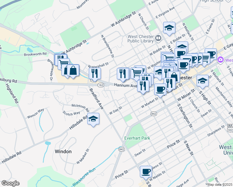 map of restaurants, bars, coffee shops, grocery stores, and more near 550 Hannum Avenue in West Chester