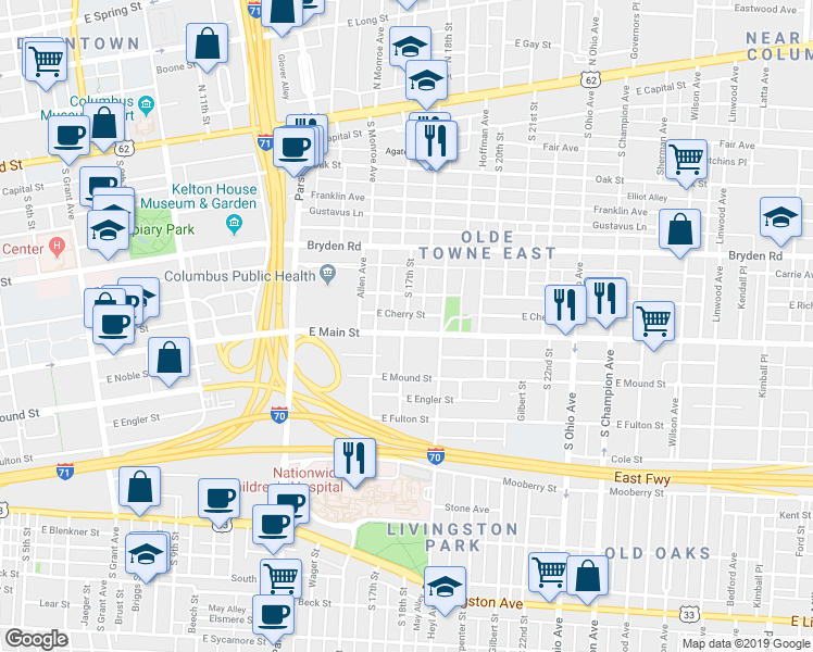 map of restaurants, bars, coffee shops, grocery stores, and more near 310 S 17th St in Columbus