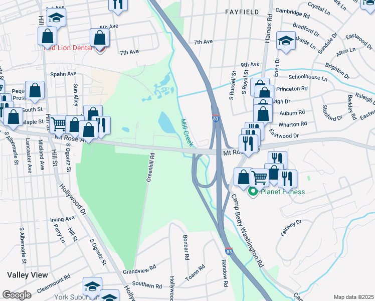 map of restaurants, bars, coffee shops, grocery stores, and more near 1703 Mount Rose Avenue in York