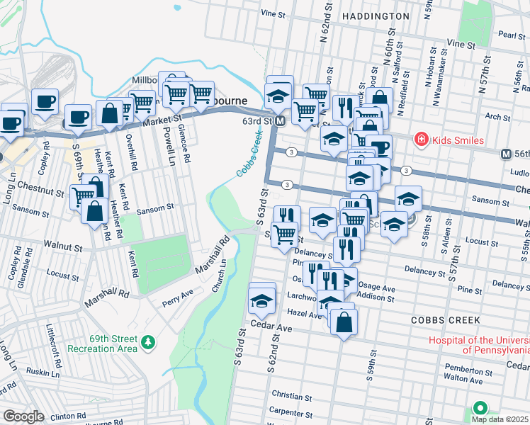 map of restaurants, bars, coffee shops, grocery stores, and more near 253 South 63rd Street in Philadelphia