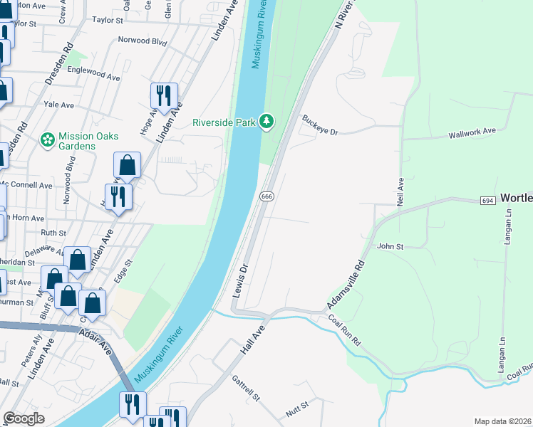 map of restaurants, bars, coffee shops, grocery stores, and more near 1750 North River Road East in Zanesville