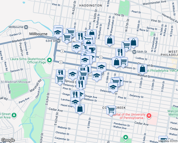 map of restaurants, bars, coffee shops, grocery stores, and more near 227 South 60th Street in Philadelphia